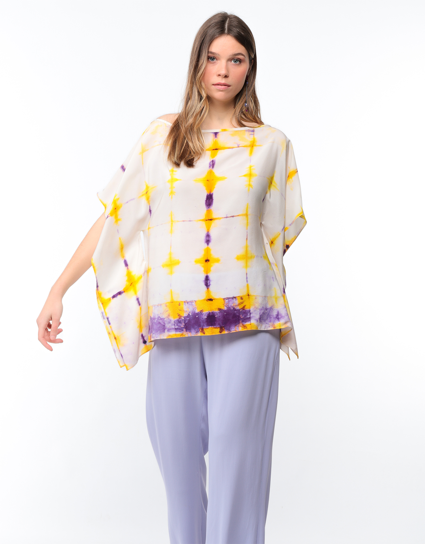 Fluid tunic butterfly effect crepe georgette printed tie and dye yellow and purple